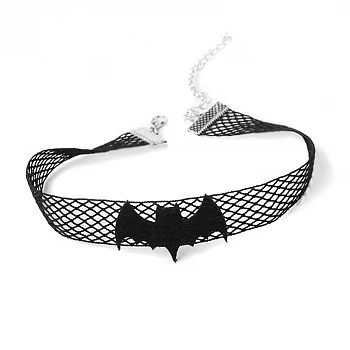 Halloween Themed Cloth Mesh Chocker Necklace for Women, Black, Bat, 0.59 inch(1.5cm)