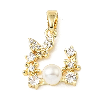 Brass Micro Pave Clear Cubic Zirconia Pendants, with Plastic Pearl, Butterfly & Flower Charms, Golden, 15.5x14x6mm, Hole: 4x2mm