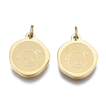 Ion Plating(IP) 304 Stainless Steel Charms, with Jump Rings, Flat Round with Pig, Real 14K Gold Plated, 13x11x1.5mm, Jump Ring: 4x0.5mm, 2.5mm inner diameter