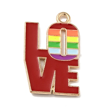 Rainbow Color Alloy Enamel Pendants, Word LOVE Charms, Light Gold, Colorful, 24x15x1.5mm, Hole: 1.5mm