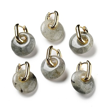 Rack Plating Brass Hoop Earrings, with Natural Labradorite, Long-Lasting Plated, Cadmium Free & Lead Free, Donut/Pi Disc, 27mm