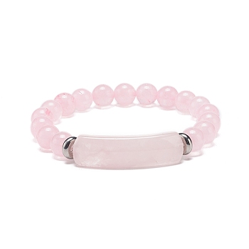 Natural Rose Quartz Beaded Stretch Bracelet, Gemstone Jewelry for Women, Rectangle Bar Charm Bracelets, Inner Diameter: 2-1/8 inch(5.3cm)