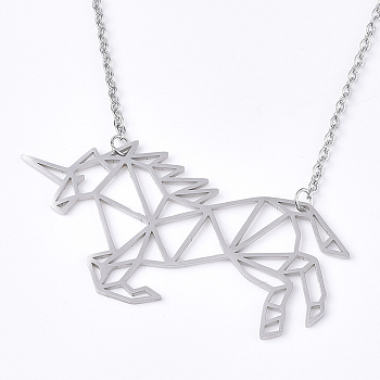 201 Stainless Steel Pendant Necklaces, with Cable Chains, Unicorn, Stainless Steel Color, 17.9 inch(45.5cm), 2mm, Unicorn: 38x53x2mm