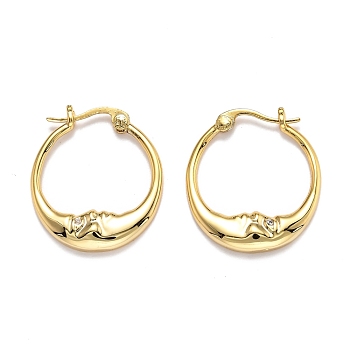 Brass Micro Pave Clear Cubic Zirconia Hoop Earrings, Ring with Moon, Real 18K Gold Plated, 22x19.5x3mm, Pin: 0.7mm