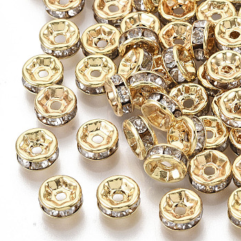 Brass Cubic Zirconia Beads, Flat Round, Clear, Nickel Free, Real 18K Gold Plated, 6x3mm, Hole: 1.2mm