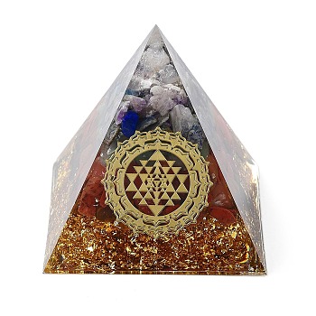 Orgonite Pyramid Resin Energy Generators, Reiki Natural Mixed Stone Chips Inside for Home Office Desk Decoration, 59.5x59.5x59.5mm