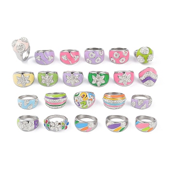 304 Stainless Steel Enamel Wide Rings for Women, with Polymer Clay Rhinestone, Mixed Color, 11~20mm, Inner Diameter: 17mm