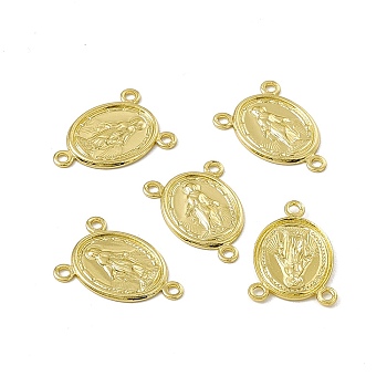 Rack Plating Brass Chandelier Component Links, 3 Loop Connectors, Oval Links with Virgin Mary, Cadmium Free & Lead Free, Real 18K Gold Plated, 16.5x12x1mm, Hole: 1.4mm