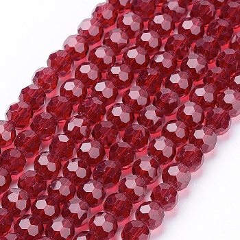 Faceted(32 Facets) Glass Round Beads Strands, Dark Red, 6mm, Hole: 1.2mm, about 88~91pcs/strand, 19.49 inch~20.08 inch(49.5~51cm)