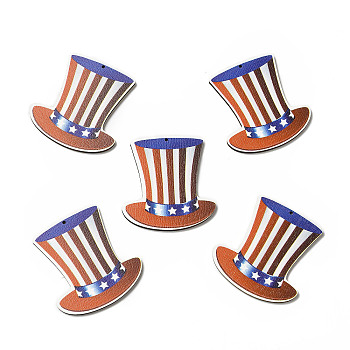 American Flag Theme Single Face Printed Aspen Wood Big Pendants, Tall Top Hat Charm, Chocolate, 49.5x47x2.5mm, Hole: 1.6mm