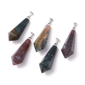 Natural Indian Agate Pointed Pendants, with Platinum Plated Brass Loops, Bullet, 35.3~38x13~14mm, Hole: 6.5x2.8mm
