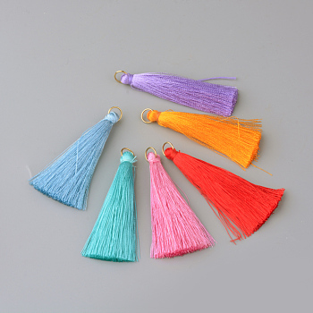 Nylon Thread Tassel Pendants Decoration, with Brass Findings, Golden, Mixed Color, 35x7mm, Hole: 7mm