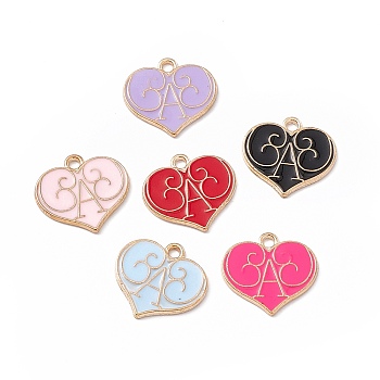 Alloy Enamel Pendants, Heart with Letter A Charm, Golden, Mixed Color, 17x18x1mm, Hole: 1.8mm