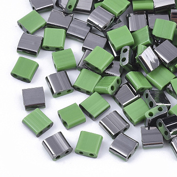 2-Hole Glass Seed Beads, Half Gunmetal Plated Colours, Square, Light Green, 5x4.5~5.5x2~2.5mm, Hole: 0.5~0.8mm, about 118pcs/10g