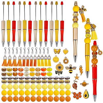 DIY Beadable Pen Making Kit, Including Natural Wood & Glass & Polymer Clay & Resin & European Beads, Plastic Ball-Point Pens, Heart & Smiling Face & Bees Alloy Enamel & Tassel Pendants, Yellow, 142Pcs/box