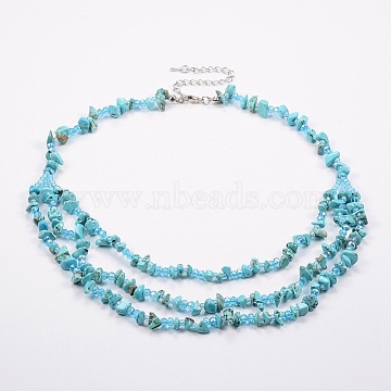 Synthetic Turquoise and Glass Seed Beads Tiered Necklaces, Layered Necklaces, with Brass Findings, 18.8 inch(48cm)(X-NJEW-K100-05E)