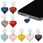 9Pcs Plastic Mobile Dustproof Plugs, with Alloy Enamel Pendants, Heart, Golden, Mixed Color, 18mm, 9pcs/set(HJEW-OC00190)