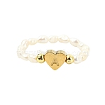 Natural Freshwater Pearl & 304 Stainless Steel Bead Finger Rings, Heart with Letter, Golden, Stretch Rings, Letter A, 18mm(RJEW-FS00001-01)