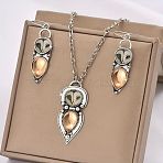 Owl Bohemia Style Alloy & Resin Pendant Necklaces & Dangle Earrings Sets, Antique Silver, 450mm(FS-WGD384A-01)