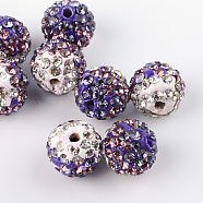 Two-Tone Color Handmade Polymer Clay Disco Ball Beads, with Glass Rhinestone, Tanzanite, 9~10mm, Hole: 2mm(X-RB-R041-12)