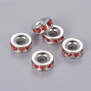 Alloy Rhinestone European Beads, Large Hole Beads, Rondelle, Platinum Metal Color, Light Siam, 11x4mm, Hole: 4.3mm(X-MPDL-Q134-3)
