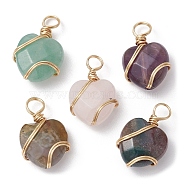 Natural & Synthetic Mixed Gemstone Coppwer Wire Wrapped Pendants, Faceted Heart Charms, Golden, 15~16x10~10.5x5.5~6mm, Hole: 2.8~3.2mm(PALLOY-JF02315)