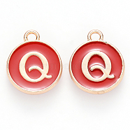 Golden Plated Alloy Enamel Charms, Cadmium Free & Lead Free, Enamelled Sequins, Flat Round, Red, Letter.Q, 14x12x2mm, Hole: 1.5mm(ENAM-S118-03Q)