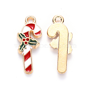 Alloy Enamel Pendants, for Christmas, Candy Cane, Light Gold, Red, 19x7.5x2mm, Hole: 1.5mm(X-ENAM-S121-111)