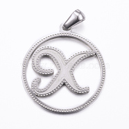 304 Stainless Steel Pendants, Flat Round with Letter, Stainless Steel Color, Letter.X, 28x25x1.2mm, Hole: 6x3.5mm(STAS-K162-077P)