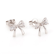 Brass Micro Pave Clear Cubic Zirconia Ear Studs, with Ear Nuts and 925 Sterling Silver Pins, Bowknot, Platinum, 9.5x9.5x3mm, Pin: 0.7mm(EJEW-G281-15P)