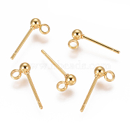 304 Stainless Steel Ear Stud Components, with Loop, Ball, Real 18K Gold Plated, 14x3mm, Hole: 1.6mm, Pin: 0.7mm(X-STAS-F227-18A-G)