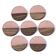 Transparent Resin & Walnut Wood Pendants, Flat Round, Light Coral, 28.5x3.5~4mm, Hole: 1.5mm(RESI-S358-02B-H40)