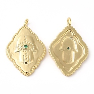 Rack Plating Brass Micro Pave Cubic Zirconia Pendants, Long-Lasting Plated, Lead Free & Cadmium Free, Rhombus with Hamsa Hand, Real 18K Gold Plated, 26x17x4mm, Hole: 2.5mm(KK-R143-14G)