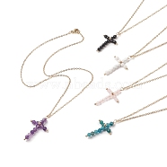 Natural Mixed Gemstone Beaded Cross Pendant Necklace, Golden 304 Stainless Steel Jewelry for Women, 17.72 inch(45cm)(NJEW-JN04236)