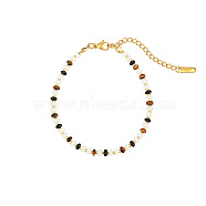 Natural Tiger Eye Beaded Bracelets, with Stainless Steel Clasps, Real 18K Gold Plated, 6-3/4 inch(17cm)(PM6114-2)