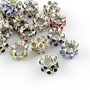 Column Antique Silver Plated Alloy Rhinestone European Beads, Large Hole Beads, Mixed Color, 10~11x7~8mm, Hole: 5mm(ALRI-Q228-09)