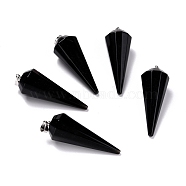 Natural Obsidian Pendants, with Brass Findings, Faceted, Cone/Spike/Pendulum, Platinum, 42~44x15~16mm, Hole: 3.6x4mm(G-Z026-01F-P)