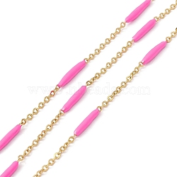Ion Plating(IP) 304 Stainless Steel Cable Chains, with Oval Enamel Beaded, Unwelded, with Spool, Golden, Deep Pink, Link: 14x2.5mm, 2X1.7X0.3mm, about 32.81 Feet(10m)/Roll(STAS-P301-03G-02)
