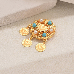 Flat Round Alloy Brooches for Backpack Clothes, with Plastic Pearl & Synthetic Turquoise & Flat Round Pendants, Golden, 26mm(DX3825-5)