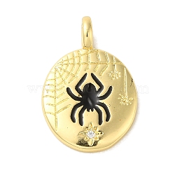 Brass Micro Pave Cubic Zirconia Pendants, with Enamel, Real 18K Gold Plated, Oval, Spider, 25x17x6mm, Hole: 3.8mm(KK-Z042-23G-01)