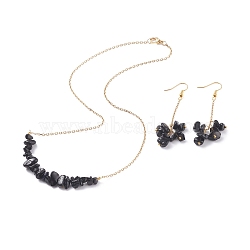 Natural Obsidian Chips Beaded Jewelry Set, Gemstone Pendant Necklace & Cluster Dangle Earrings with 304 Stainless Steel Cable Chains for Women, Golden, 60mm, Pin: 0.6mm, 19 inch(48.5cm)(SJEW-JS01230-01)