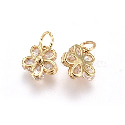 Brass Cubic Zirconia Charms, Long-Lasting Plated, Flower, Clear, Real 18K Gold Plated, 9.8x9x4.2mm, Hole: 3.5mm(ZIRC-E162-17G)