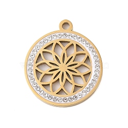 Preserved Fresh Flower 304 Stainless Steel Rhinestone Pendants, Flat Round, Real 18K Gold Plated, 25x21x2mm, Hole: 2mm(STAS-S139-01G-04)