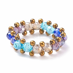 Glass Braided Bead Finger Ring for Women, Blue, US Size 7 3/4(17.9mm)(RJEW-JR00467-03)
