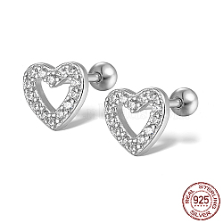 Anti-Tarnish Rhodium Plated 925 Sterling Silver Rhinestone Stud Earrings, Heart, Platinum, 7.4x7mm(AD7648-1)