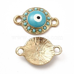 Alloy Connector Charms with Enamel and Synthetic Turquoise, Flat Round Links with Turquoise Evil Eye, Nickel, Golden, 22x14x4.5mm, Hole: 2.2mm(FIND-H039-44G)