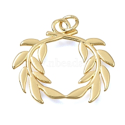 Brass Pendants, Leaf Wreath Charms, Cadmium Free & Lead Free, Rack Plating, Long-Lasting Plated, Real 18K Gold Plated, 33x23.5x1.5mm, Hole: 3mm(KK-CBAEEA8-33G)