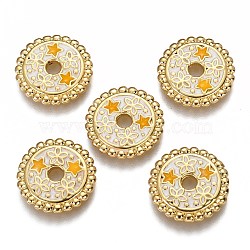 Brass Enamel Beads, Flat Round with Star & Yellow Star, Real 18K Gold Plated, Thistle, 15.6x2mm, Hole: 2.7mm(KK-B023-02G-C)