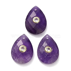 Natural Amethyst Pendants, Faceted Teardrop Charms with Golden Tone Brass Micro Pave Clear Cubic Zirconia Findings, Golden, 18x13x6.5~7mm, Hole: 1mm(G-K371-03H)