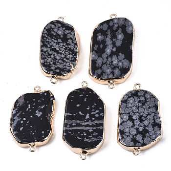 Natural Snowflake Obsidian Links Connectors, with Edge Golden Plated Iron Loops, Rectangle, 37~44x21~23x6mm, Hole: 1.6mm